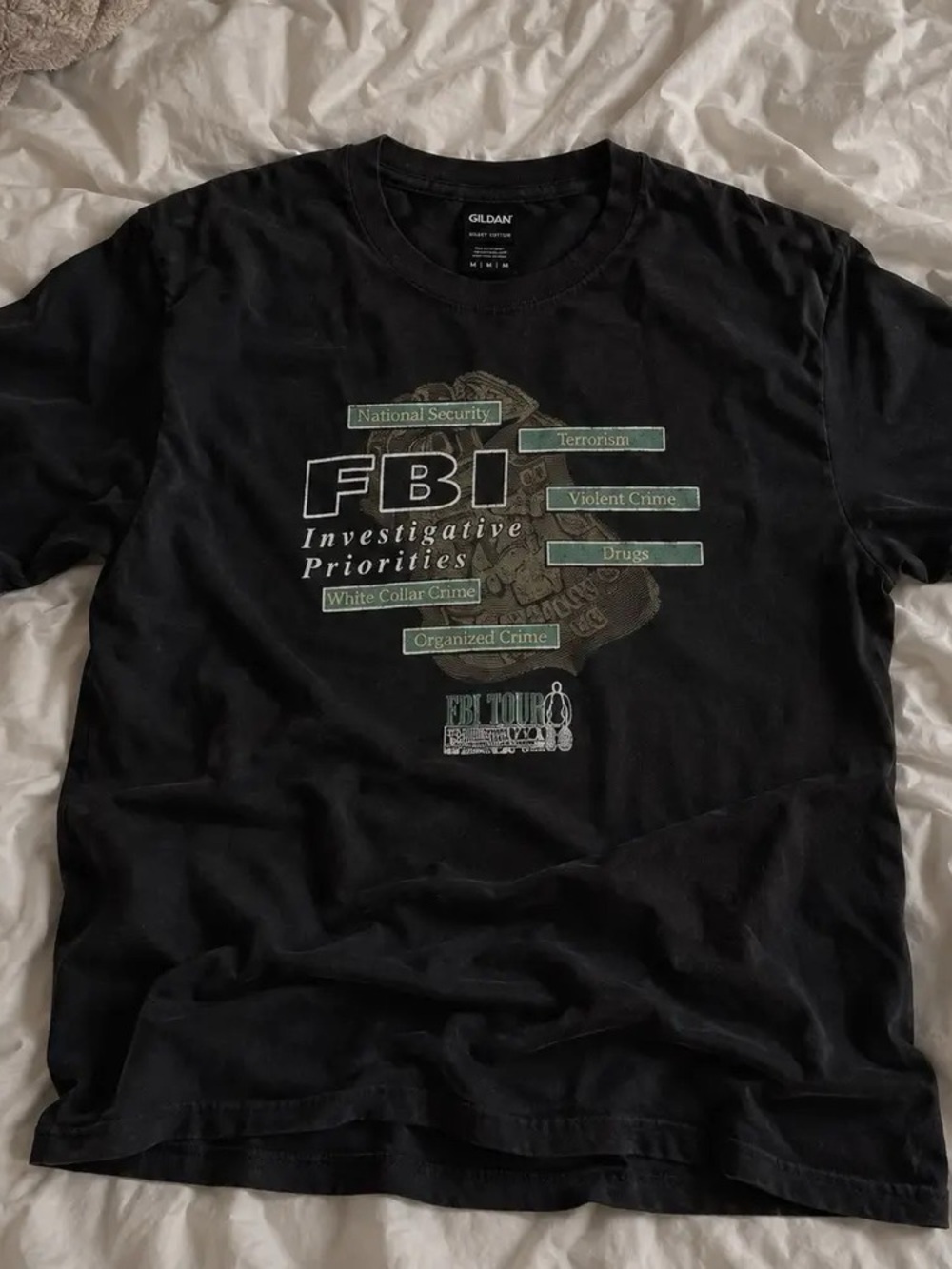 Gildan Black FBI Investigative Priorities Graphic Tee with Green Accents